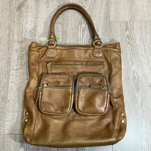 Leather Tote Bag with Front Pockets - Brown